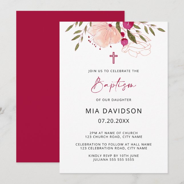 Invitation Elégante aquarelle rose florale fille Baptême Invi (Devant / Derrière)