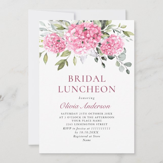 Invitation Elégante aquarelle rose Hydrangea BRIDAL LUNCHEON (Devant)