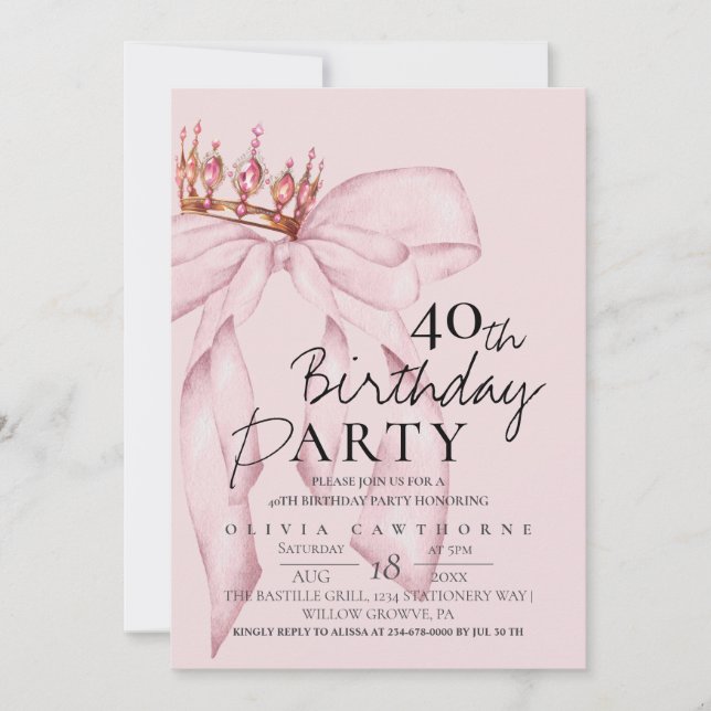 Invitation Elégante aquarelle rose or bow fête d'anniversaire (Devant)