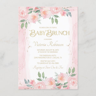 Invitation Elégante Aquarelle rose or Floral Baby Brunch