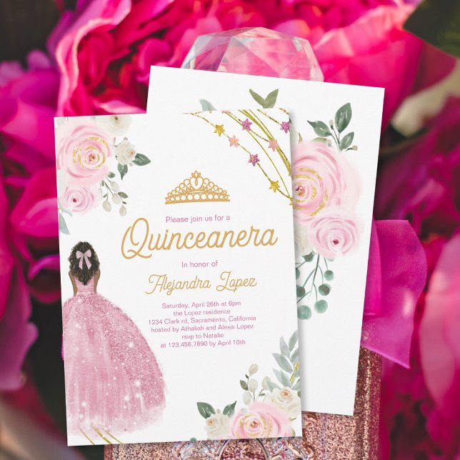Invitation Elégante aquarelle Rose or Quinceanera florale (Créateur téléchargé)