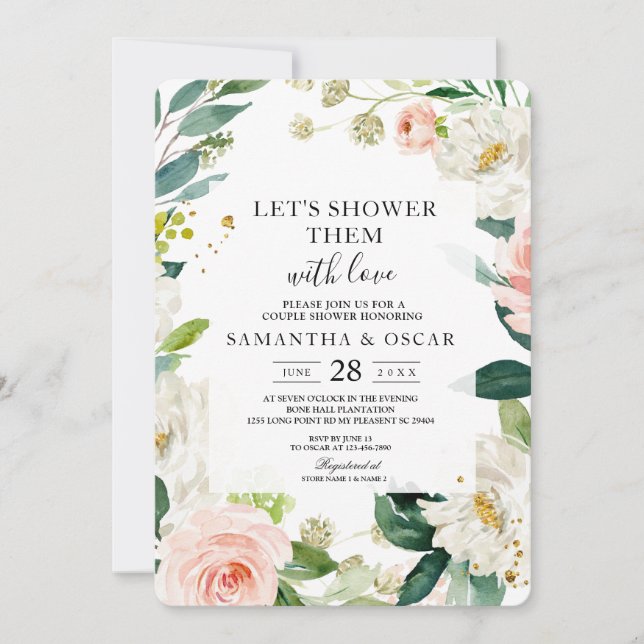 Invitation Elégante aquarelle rose pâle Cadre Floral (Devant)