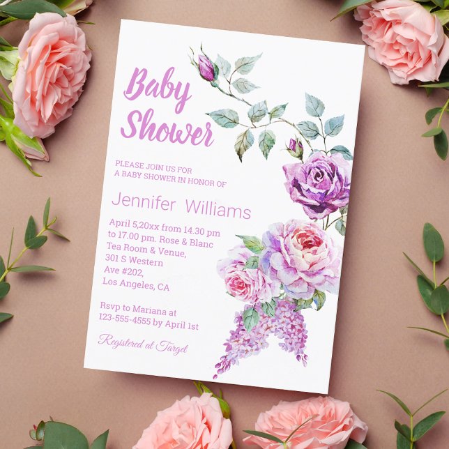 Invitation élégante aquarelle rose roses fille baby shower (Créateur téléchargé)