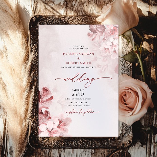 Invitation Elégante aquarelle rose rousse rose rose roses pri (Elegant watercolor blush pink roses gold spring invitation)
