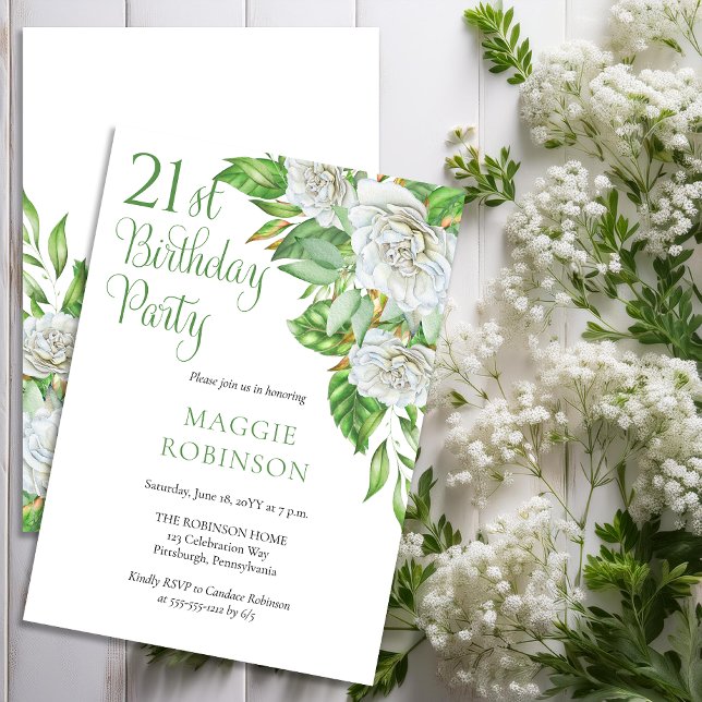 Invitation Elégante aquarelle Roses blanches 21e fête d'anniv (Elegant Watercolor White Roses and Greenery 21st Birthday Party Invitation - Print | Download)