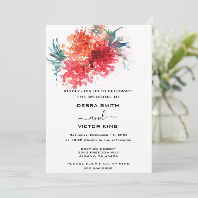 Invitation Elégante aquarelle rouge floral Mariage (Debout devant)