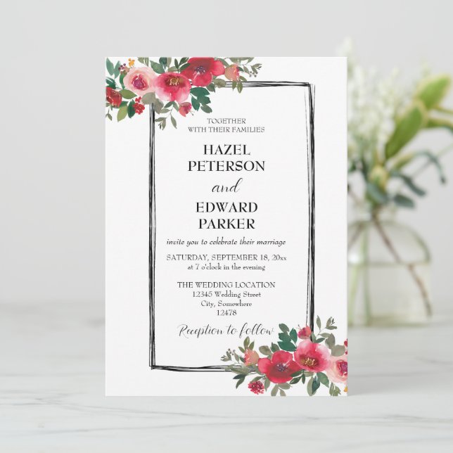 Invitation Elégante aquarelle Rouge Rose Floral Mariage (Debout devant)