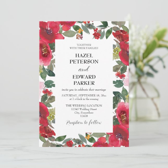 Invitation Elégante aquarelle Rouge Rose Floral Mariage (Debout devant)