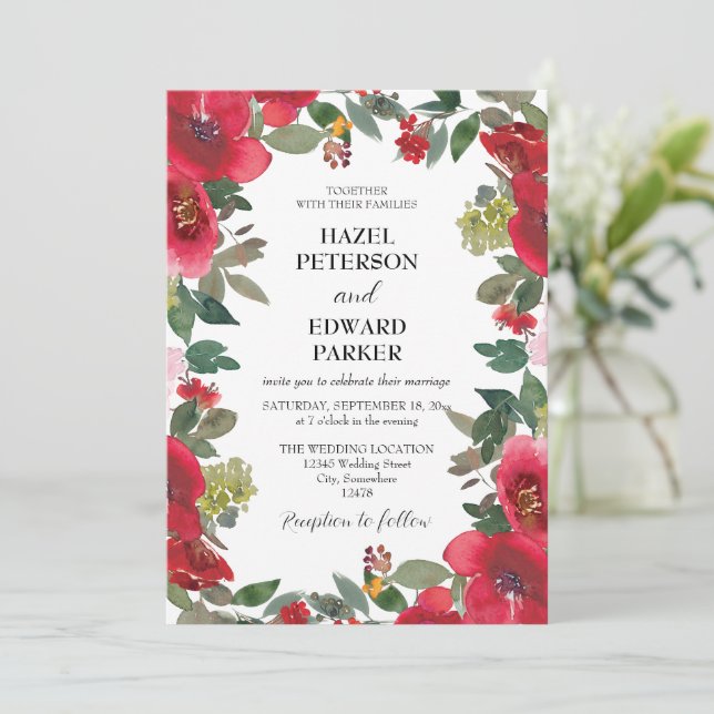 Invitation Elégante aquarelle Rouge Rose Floral Mariage (Debout devant)