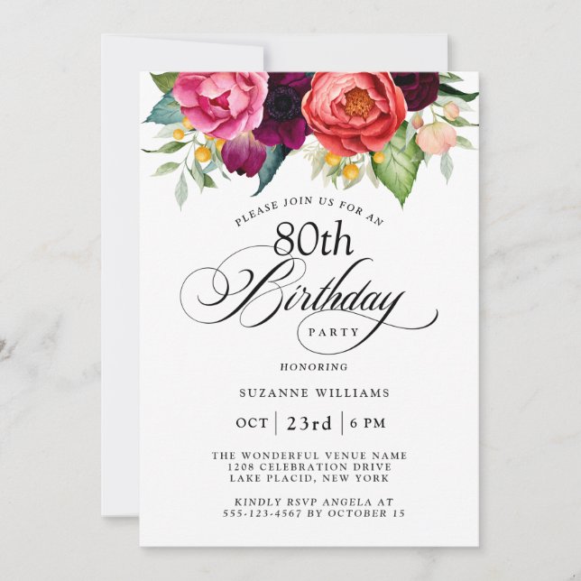 Invitation Elégante aquarelle rustique florale 80e anniversai (Devant)
