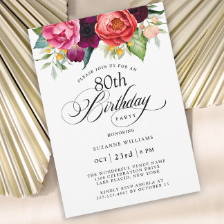 Invitation Elégante aquarelle rustique florale 80e anniversai