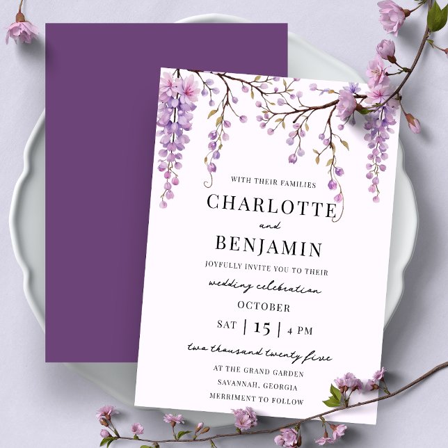 Invitation Elégante aquarelle Succursale de la glycine Mariag (Créateur téléchargé)