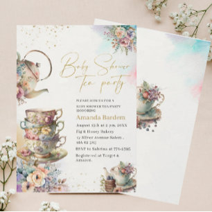 Invitation Elégante aquarelle thé fête fille or rose bébé s