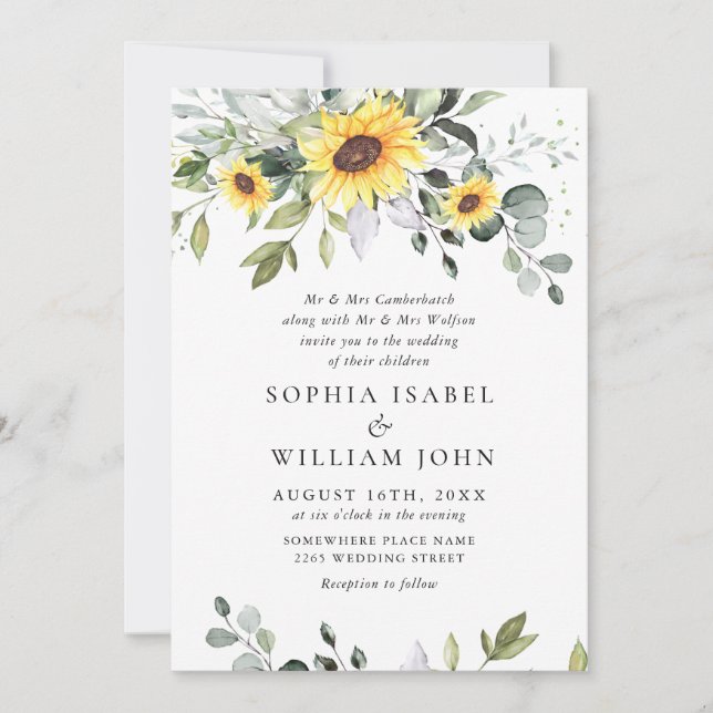 Invitation Elégante aquarelle tournesol Eucalyptus Mariage (Devant)