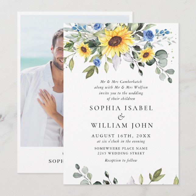 Invitation Elégante aquarelle tournesol Eucalyptus Mariage (Devant / Derrière)