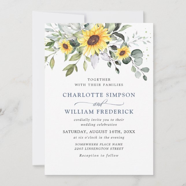 Invitation Elégante aquarelle tournesol Eucalyptus Mariage (Devant)