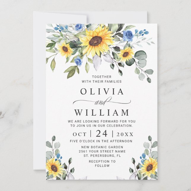 Invitation Elégante aquarelle tournesol Eucalyptus Mariage (Devant)