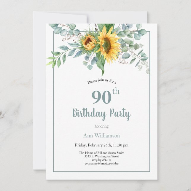 Invitation Elégante aquarelle tournesol floral 90e anniversai (Devant)