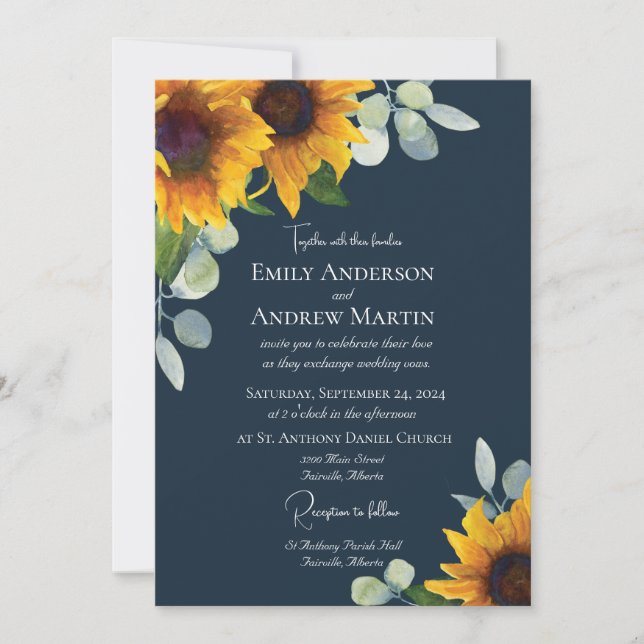Invitation Elégante aquarelle tournesol Mariage bleu marine (Devant)