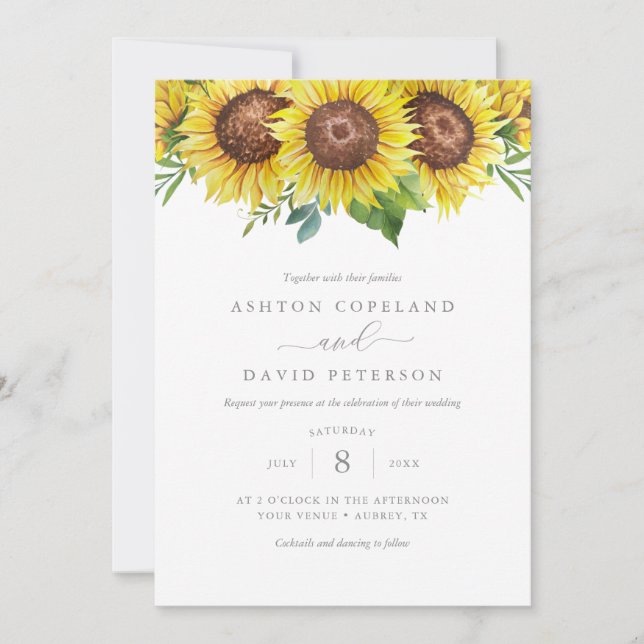 Invitation Elégante aquarelle tournesol Mariage floral (Devant)