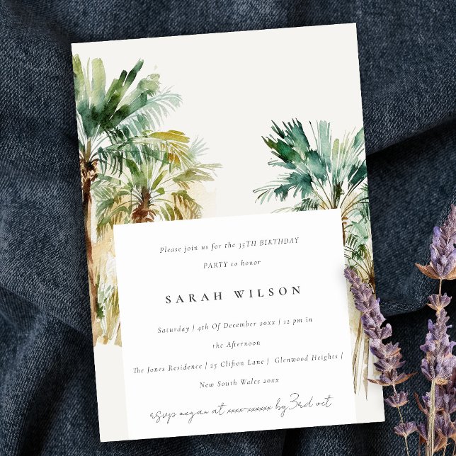 Invitation Elégante aquarelle tropicale Palmiers Anniversaire (Créateur téléchargé)