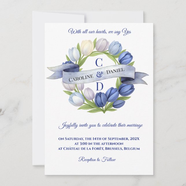 Invitation Elégante aquarelle Tulipe Mariage de couronne bleu (Devant)
