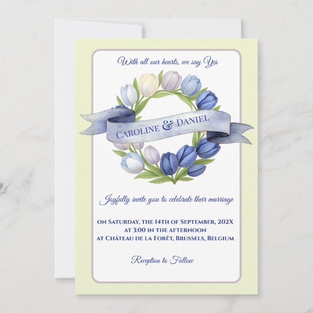 Invitation Elégante aquarelle Tulipe Mariage de couronne bleu (Devant)