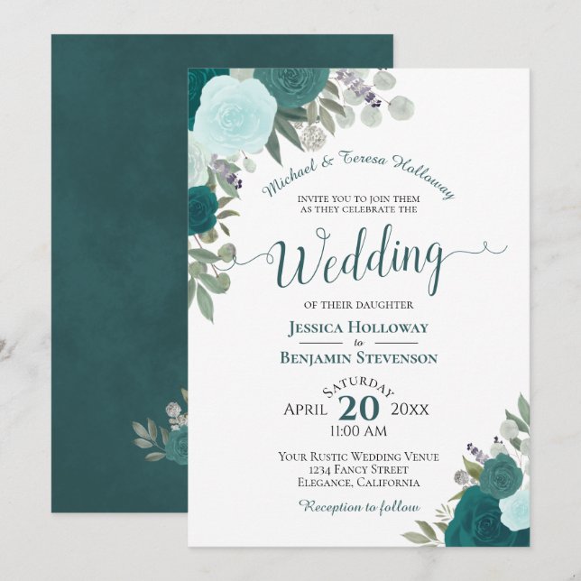 Invitation Elégante aquarelle Turquoise Florale Mariage forme (Devant / Derrière)