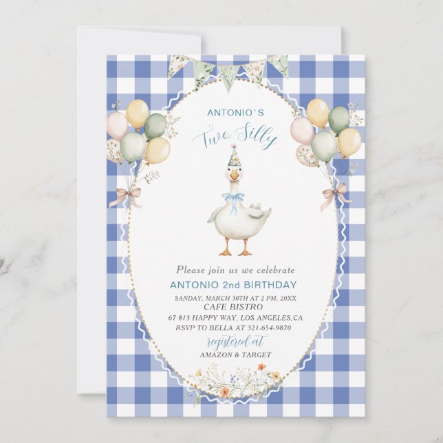 Invitation Elégante aquarelle Un 2 Anniversaire oie bête B (Devant)