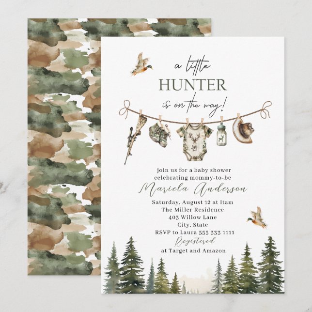 Invitation Elégante aquarelle Un petit Baby shower de chasseu (Devant / Derrière)