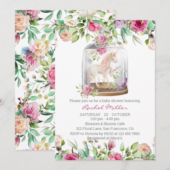Invitation Elégante aquarelle Unicorn Chic Baby shower floral (Devant / Derrière)