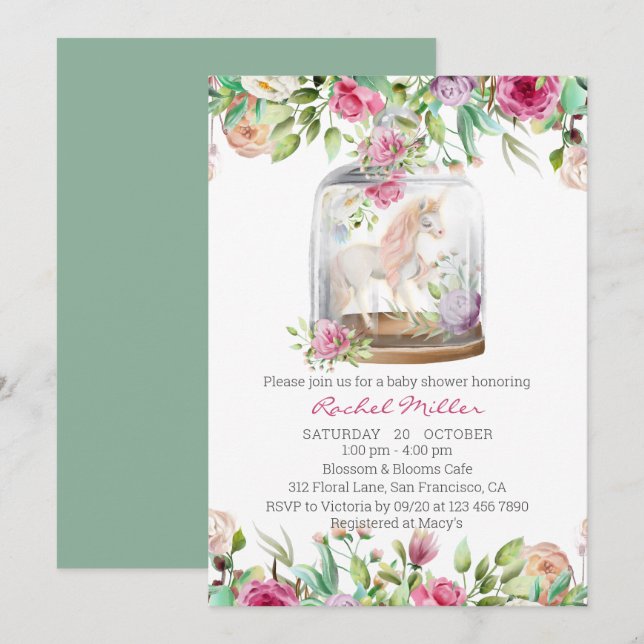 Invitation Elégante aquarelle Unicorn Chic Baby shower floral (Devant / Derrière)