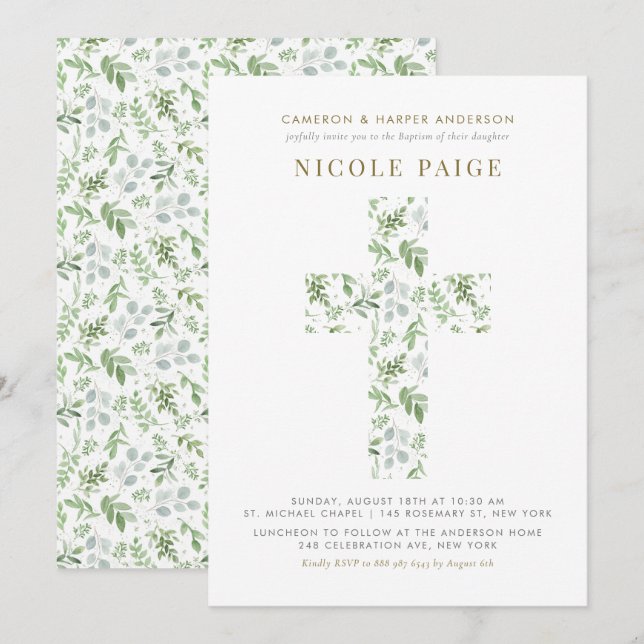 Invitation Elégante aquarelle Verdure Croix Baptême (Devant / Derrière)