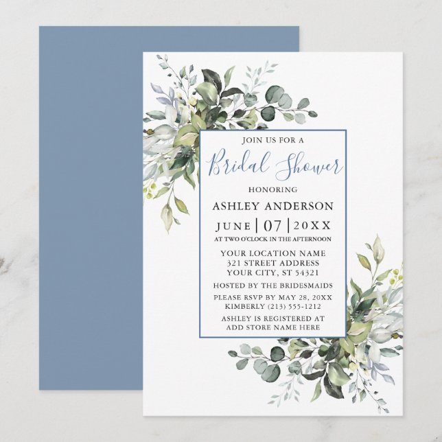 Invitation Elégante aquarelle verdure Douche Dusty Bleu (Devant / Derrière)