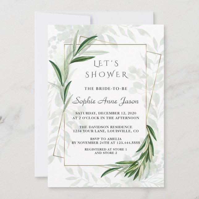 Invitation Elégante aquarelle verdure Fête des mariées or (Devant)