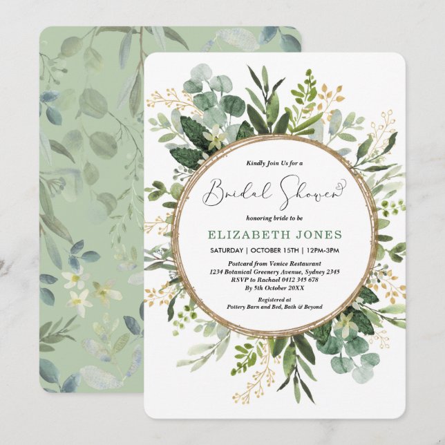Invitation Elégante aquarelle Verdure & Fête des mariées or (Devant / Derrière)