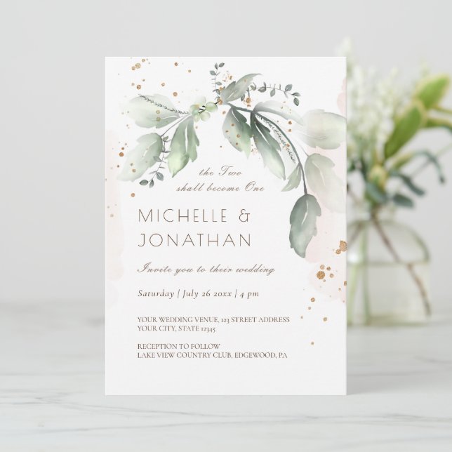 Invitation Elégante aquarelle Verdure Mariage Christian (Debout devant)