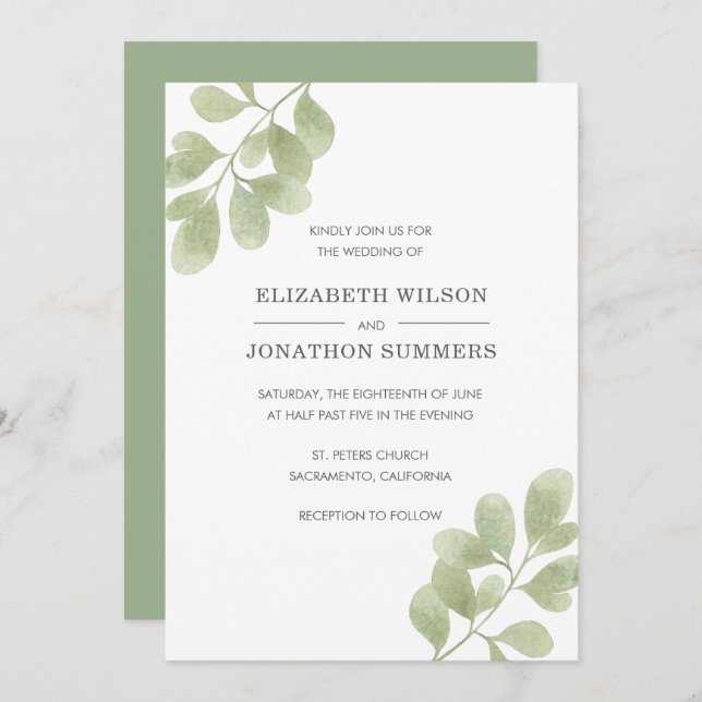 Invitation Elégante aquarelle verdure Mariage rustique (Devant / Derrière)
