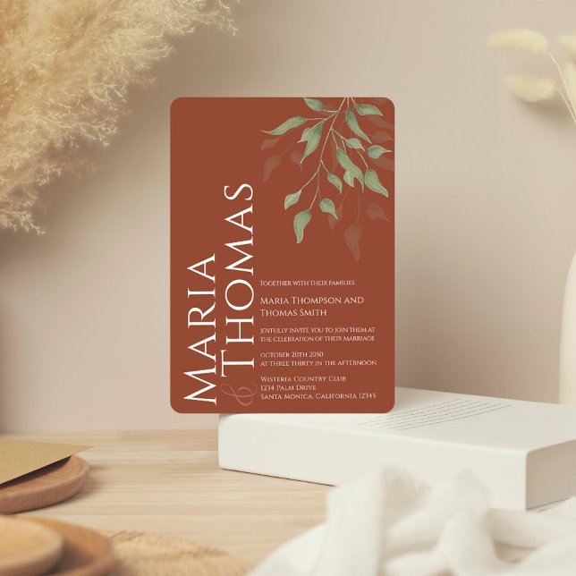 Invitation Elégante aquarelle verdure Terracotta Foliage (Terracotta elegant wedding invitation with watercolor greenery and foliage. )