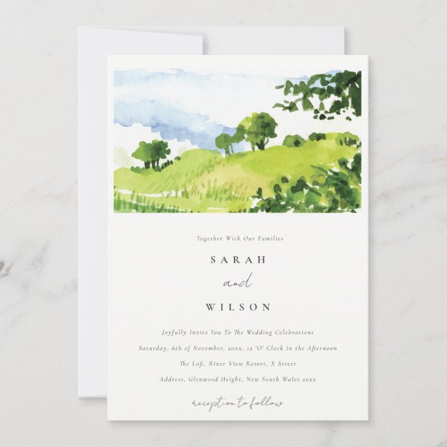 Invitation Elégante Aquarelle verte Campagne Hills Mariage (Devant)