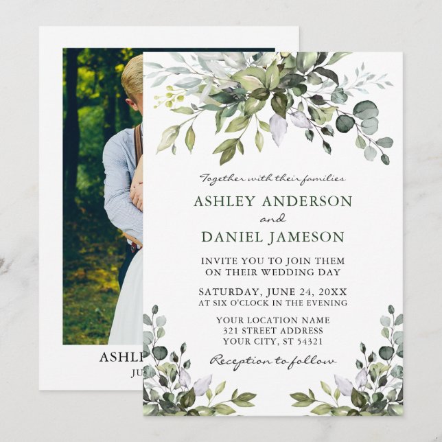 Invitation Elégante aquarelle verte Mariage photo (Devant / Derrière)