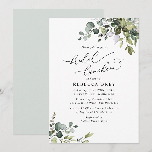 Invitation Elégante aquarelle verte nuptiale déjeuner nuptial (Devant / Derrière)