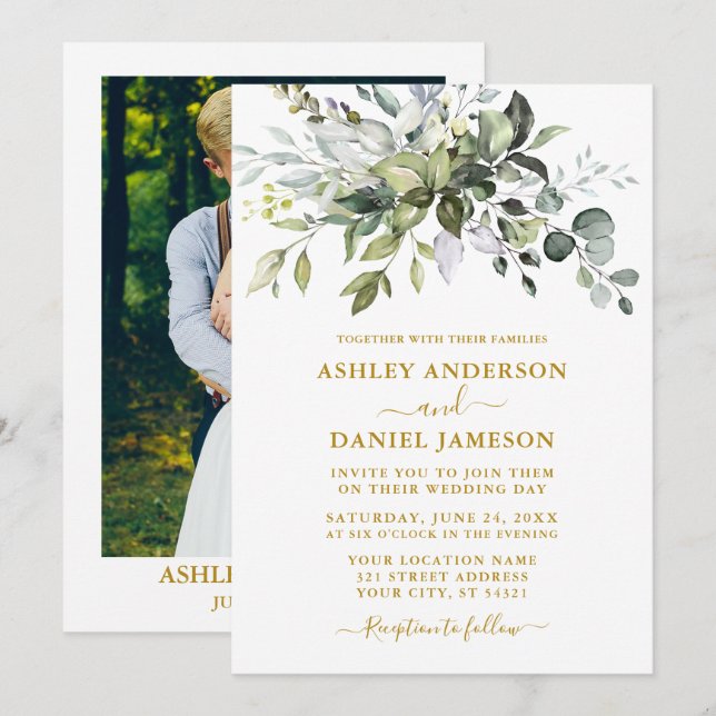 Invitation Elégante aquarelle verte Photo Mariage or (Devant / Derrière)