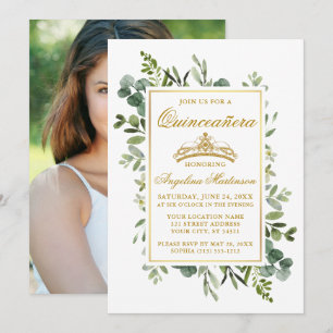 Invitation Elégante aquarelle verte Quinceanera or photo