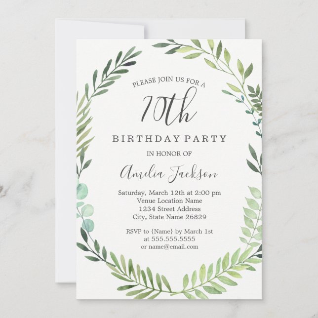 Invitation Elégante aquarelle verte Wreath 70e anniversaire (Devant)