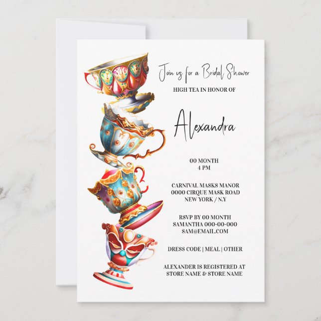 Invitation Elégante aquarelle victorienne empilé tasses haute (Devant)