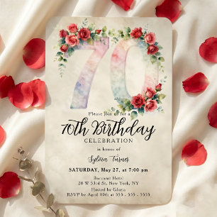 Invitation Élégante aquarelle vintage rose rouge 70e annivers
