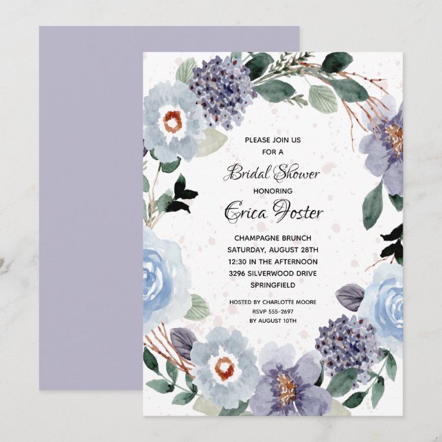 Invitation Elégante aquarelle violet Fête des mariées florale (Devant / Derrière)