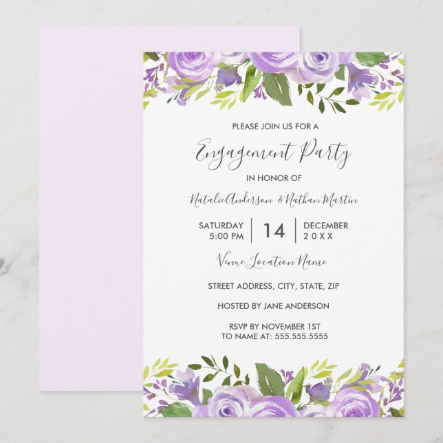 Invitation Elégante aquarelle violet fiançale florale (Devant / Derrière)