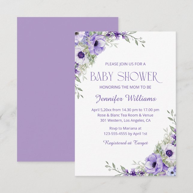 Invitation élégante aquarelle violet fleurs fille baby shower (Devant / Derrière)